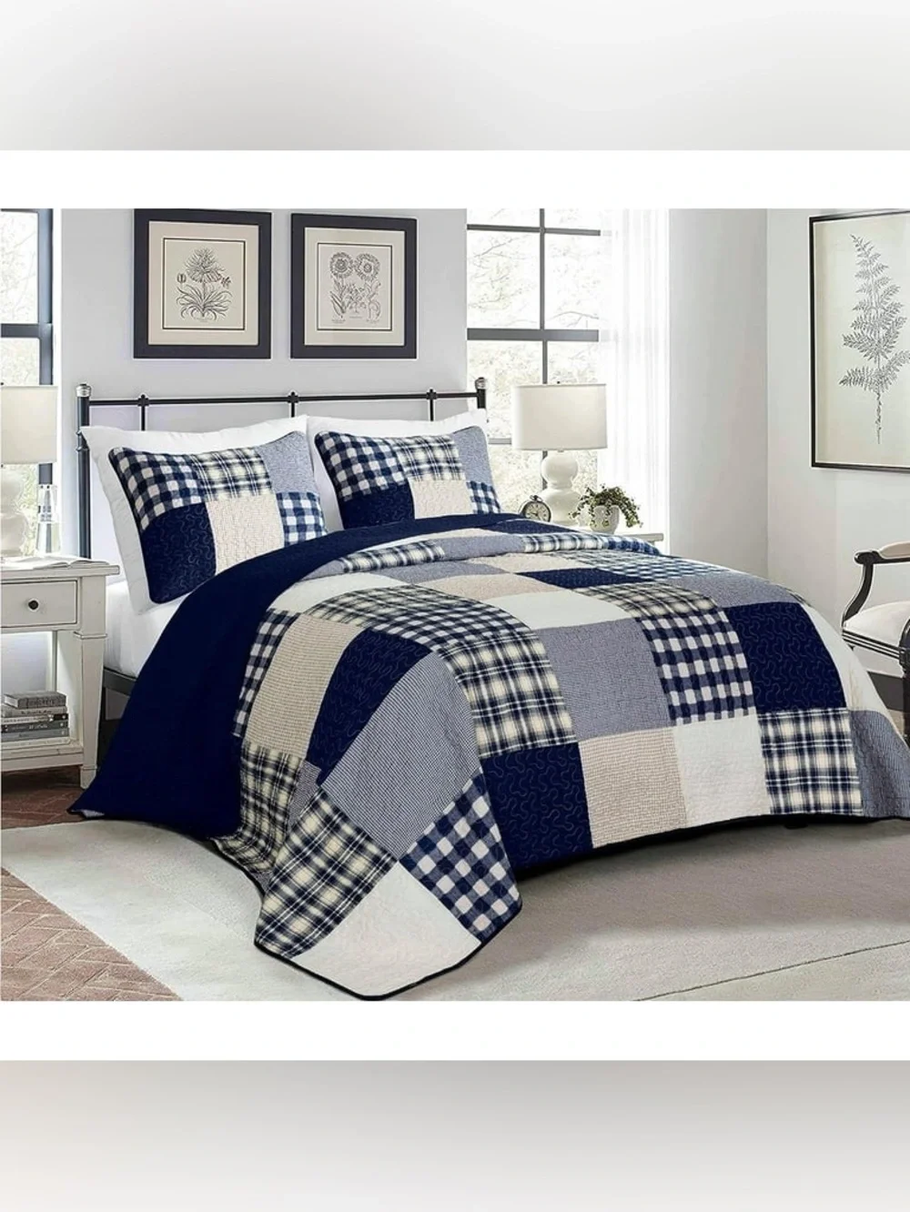 Classic Navy Patchwork king 3 piece Quilt Set 100% cotton